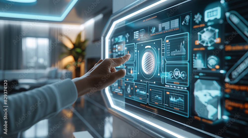 Fototapeta premium A futuristic smart home interior featuring AI-augmented reality interfaces, with holographic displays showing various smart home components. The minimalist design uses a minimal color palette and