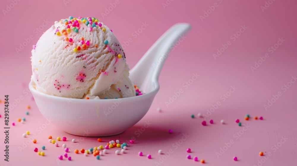 Vanilla ice cream scoop with colorful sprinkles, soft pink background, isolated, studio lighting, perfect for copy space Vanilla ice cream scoop with colorful sprinkles, soft pink background, isolated, studio lighting, perfect for copy space
