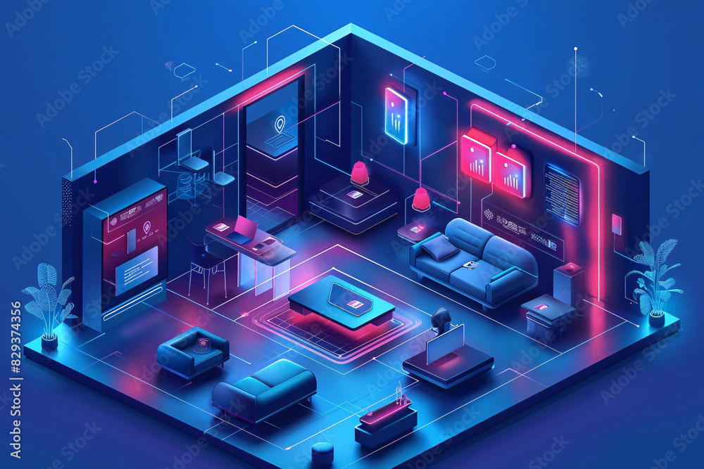 Fototapeta premium A futuristic smart home interior featuring AI-augmented reality interfaces, with holographic displays showing various smart home components. The minimalist design uses a minimal color palette and