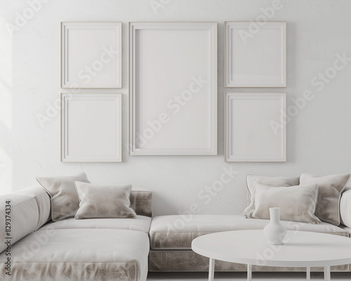 Stylish minimalist design with four blank frames on a snow-white wall, an ivory velvet sofa, and a contemporary white round table. photo