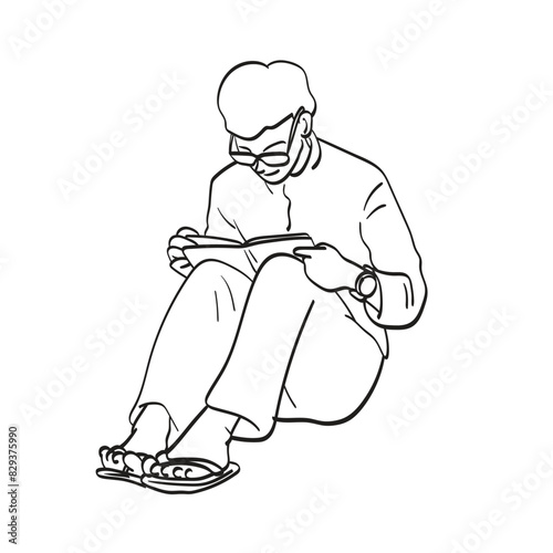 man with glasses reading book on the ground illustration vector hand drawn isolated on white background