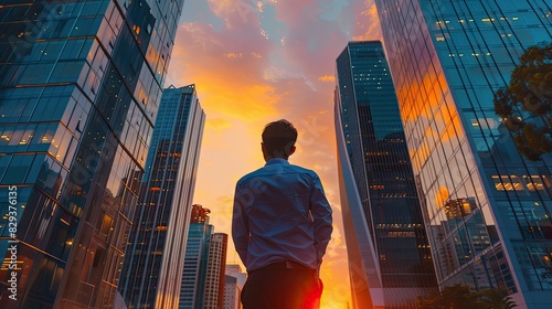 Rear view business professional admiring tall skyscrapers during evening in downtown financial district