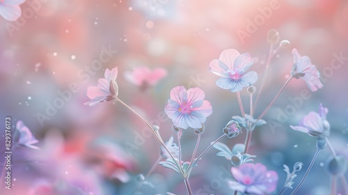 Soft focus image of flowers in pastel colors creating a dreamy and ethereal atmosphere.