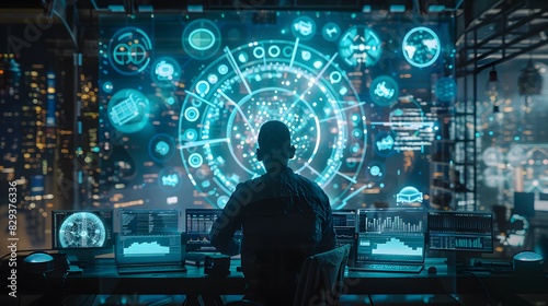 A futuristic scene of a data analyst at a workstation with holographic screens and digital data, symbolizing advanced technology.