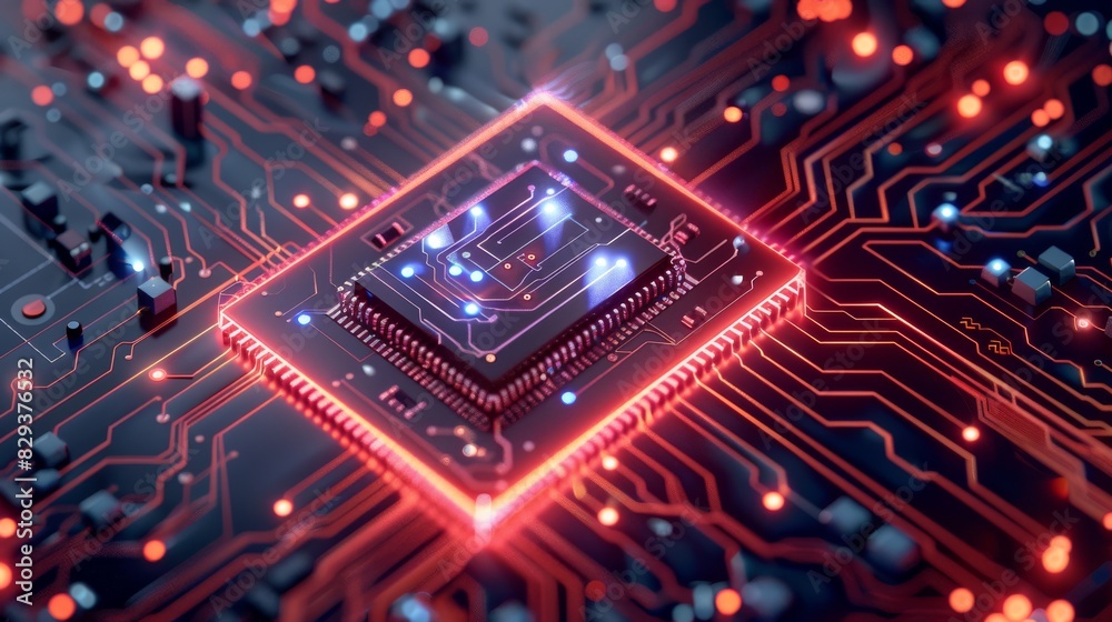 A high-tech chip glowing with neon lights, surrounded by intricate circuit patterns on background. radiating cool blue and red hues that highlight its advanced technological features. Generative AI. A high-tech chip glowing with neon lights, surrounded by intricate circuit patterns on background. radiating cool blue and red hues that highlight its advanced technological features. Generative AI.