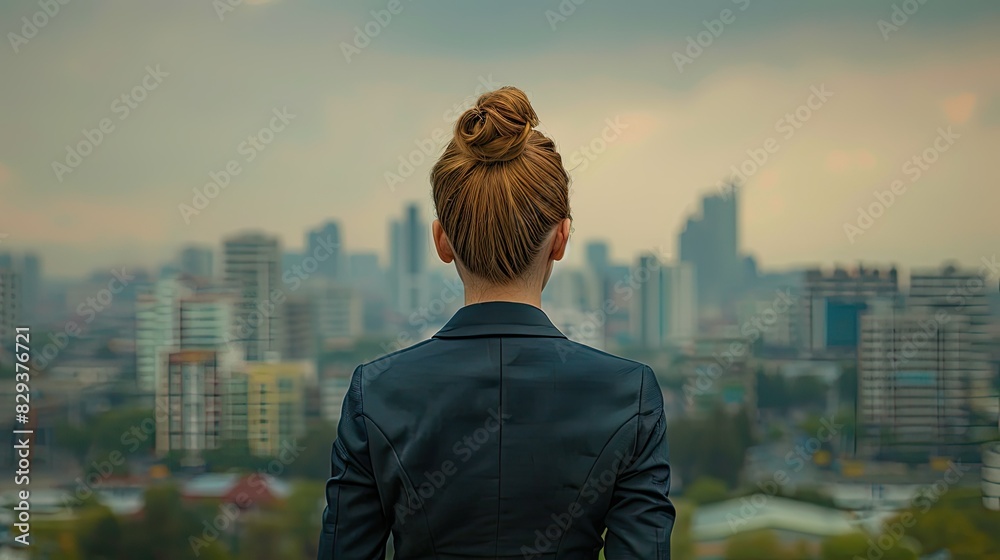 Concept image of rear view businesswoman in a business suit looks at the city during sunset Concept image of rear view businesswoman in a business suit looks at the city during sunset