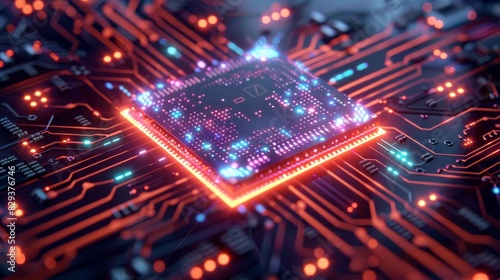 A high-tech chip glowing with neon lights, surrounded by intricate circuit patterns on background. radiating cool blue and red hues that highlight its advanced technological features. Generative AI.