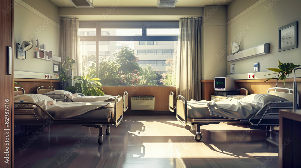 A hospital room filled with natural light, featuring two beds and a window overlooking a serene view A hospital room filled with natural light, featuring two beds and a window overlooking a serene view