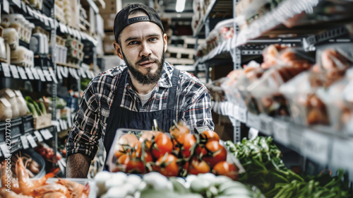 A man wearing an apron stands in a hypermarket, surrounded by shelves of groceries, looking thoughtful and inspired