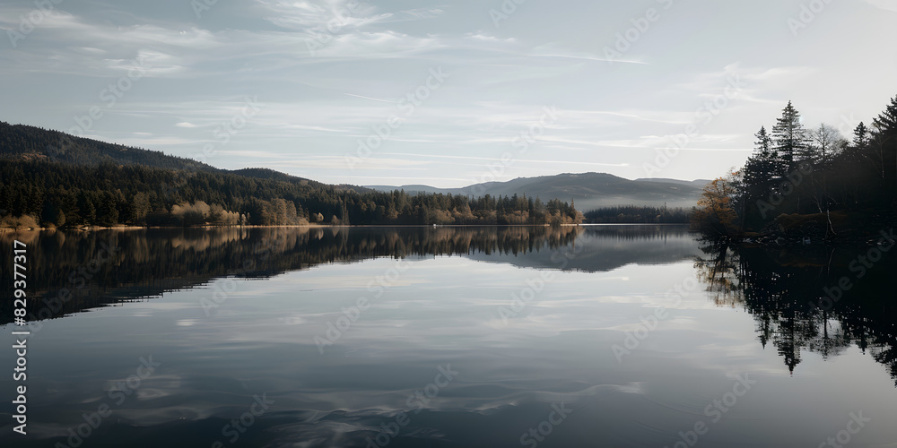 Ttulo Lago de montanha sereno cercado por pinheiros