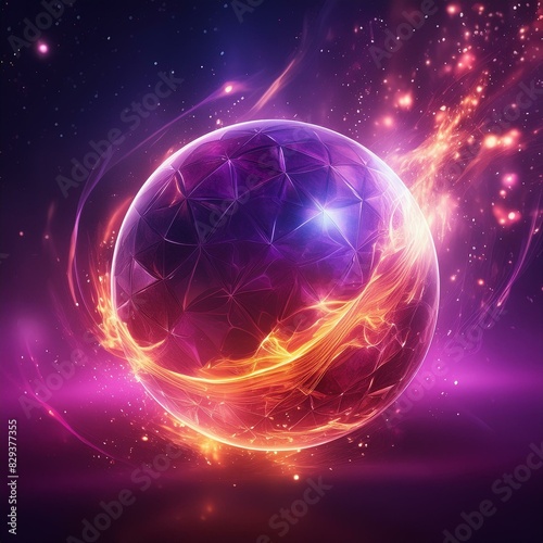 planet in space, Magical energy sphere with neon particles and flames in purple and pink dark background