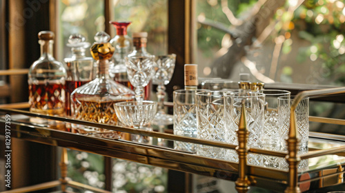 Bar cart with gleaming brass rails and mirrored shelves stocked with crystal decanters and vintage glassware ready to entertain guests with timeless cocktails