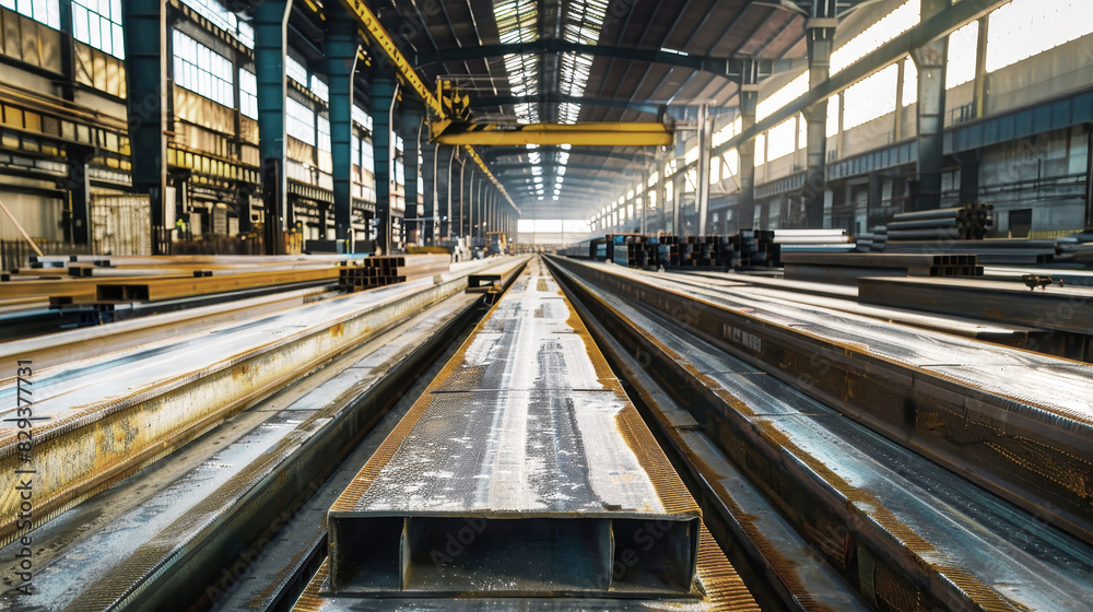 A sprawling warehouse filled with towering stacks of steel beams, creating a labyrinthine environment of industrial chaos A sprawling warehouse filled with towering stacks of steel beams, creating a labyrinthine environment of industrial chaos