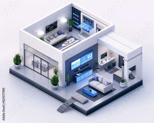 An isometric view of a modern living room in an AI-enhanced smart home, showcasing an advanced home management system on a sleek wall display. The design is clean and minimalistic, providing plenty