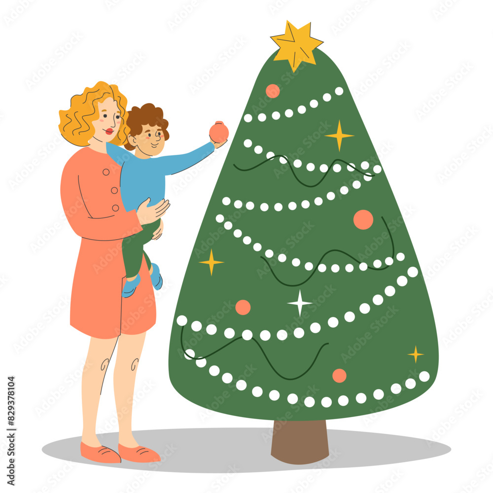 Happy family decorating Christmas tree vector isolated. Parent and little child holding a red bauble. Mother and son spend time together. Happy family decorating Christmas tree vector isolated. Parent and little child holding a red bauble. Mother and son spend time together.
