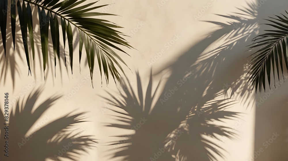 Obraz premium Blurred shadow from palm leaves on light cream wall. Minimalistic beautiful summer spring background for product presentation.