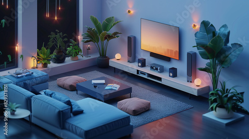 An isometric view of a modern living room in an AI-enhanced smart home, showcasing an advanced home management system on a sleek wall display. The design is clean and minimalistic, providing plenty © Thitiphan