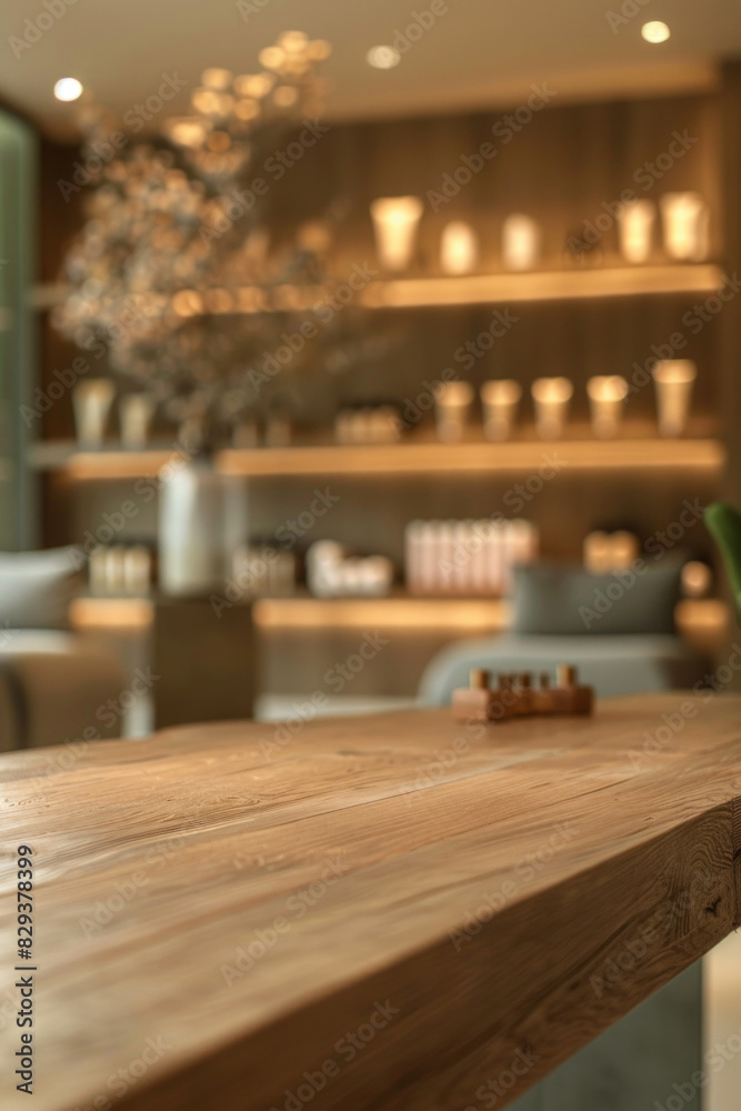A wooden reception desk in the foreground with a blurred background of a high-end spa. The background features elegant decor, comfortable seating, shelves with beauty products, and calming ambient A wooden reception desk in the foreground with a blurred background of a high-end spa. The background features elegant decor, comfortable seating, shelves with beauty products, and calming ambient