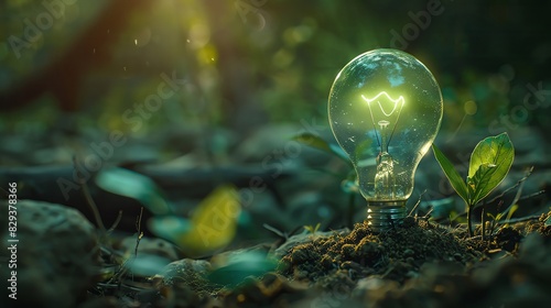Abstract light bulb with glowing green energy and a big plant growing on soil in a forest, representing an ecology concept. Futuristic background depicting ideas related to global warming or new susta