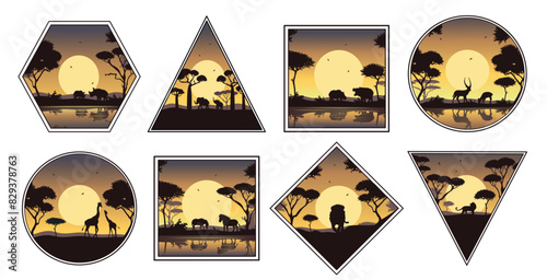 landscape at sunset in different geometric shapes, set of silhouettes of African savannah vector geometric landscape. african animals at sunset vector silhouette