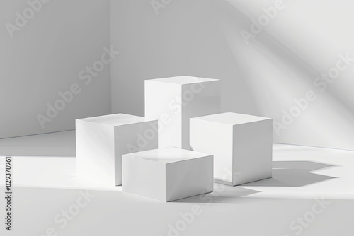 3 white cube podiums on the floor  geometric shadows on background. Created with Ai 
