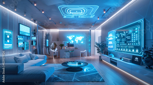 Inside a futuristic smart home  various devices are seamlessly integrated into the AI management system  with augmented reality interfaces displaying real-time data. The room features a minimal color