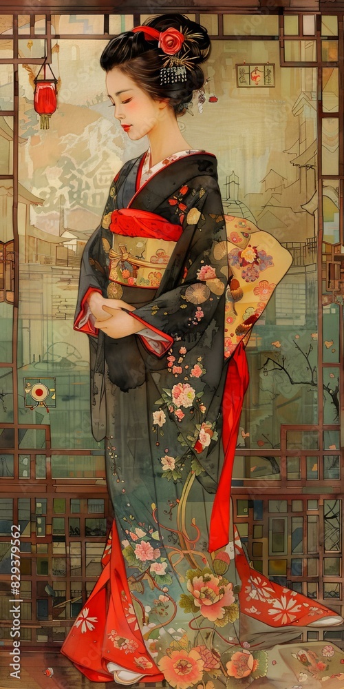 Naklejka premium Beautiful Woman In Traditional Japanese Kimono Standing By The Window