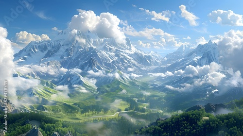 Fantasy landscape with mountains and valley