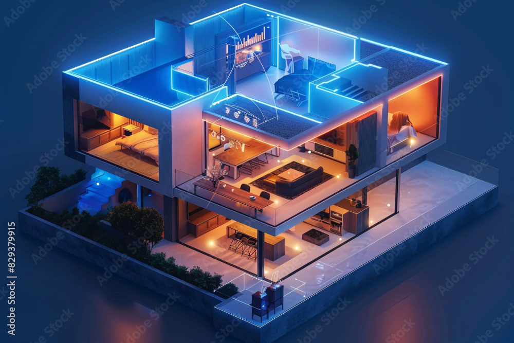 A detailed isometric view of a modern smart home interior reveals AI-augmented reality features managing lighting, climate, and security systems. The minimalist color palette and abundant copy space A detailed isometric view of a modern smart home interior reveals AI-augmented reality features managing lighting, climate, and security systems. The minimalist color palette and abundant copy space