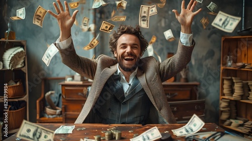 Businessman Rejoices in Display of Financial Prosperity photo
