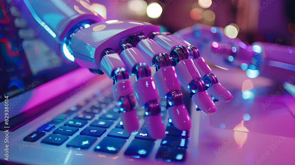 Robot hands point to laptop button advisor chatbot robotic artificial intelligence concept Robot hands point to laptop button advisor chatbot robotic artificial intelligence concept