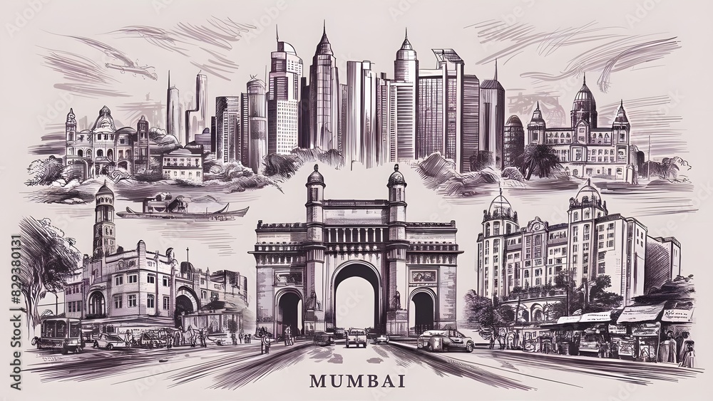 Hand drawn pencil sketch of Mumbai skyline Hand drawn pencil sketch of Mumbai skyline