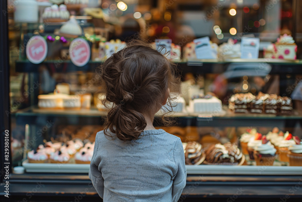 Back view of young girl child looking at various cakes through shopping window of pastry shop