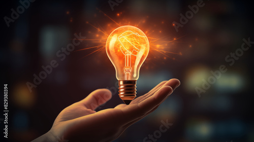 Light bulb illuminate on a hand. Getting the Idea symbolic