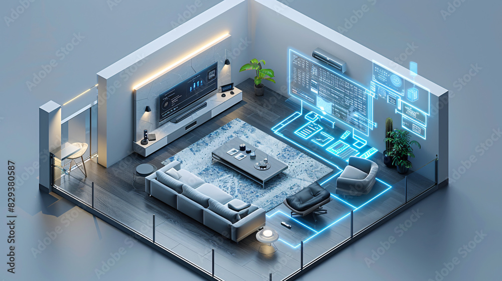 Fototapeta premium A futuristic living space with an AI-managed smart home system displayed on a transparent wall panel, controlling various home components. The design is isometric, minimal, and provides plenty of