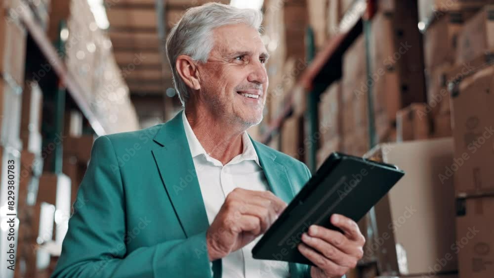 Mature man, tablet and warehouse for logistics, checklist and ecommerce for wholesale supplier. Inspector, smile and digital app for online business, retail or freight distribution or quality control Mature man, tablet and warehouse for logistics, checklist and ecommerce for wholesale supplier. Inspector, smile and digital app for online business, retail or freight distribution or quality control