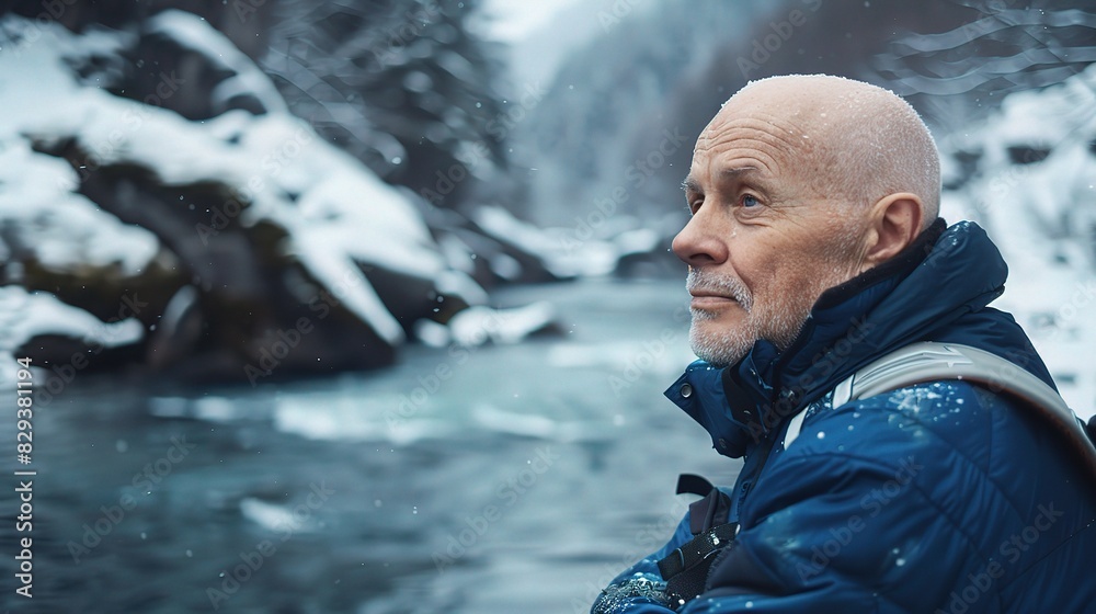 older man thinking, with a bald head, wearing a blue jacket, standing by a river older man thinking, with a bald head, wearing a blue jacket, standing by a river
