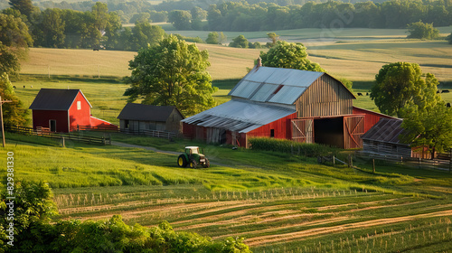 Agriculture landscape with tractor, barn and farm.