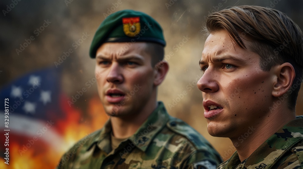 Two soldiers in military uniforms looking intently ahead, showcasing bravery and focus during a mission Two soldiers in military uniforms looking intently ahead, showcasing bravery and focus during a mission