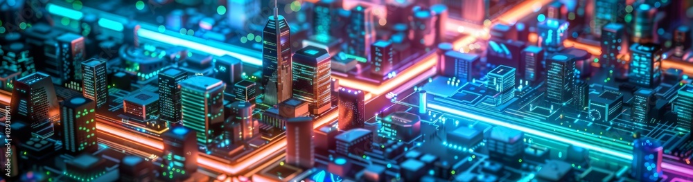 Obraz premium Futuristic Smart Cyber City: Innovative Urban Landscape in Digital Circuitry, futuristic technology concept, graphic banner design
