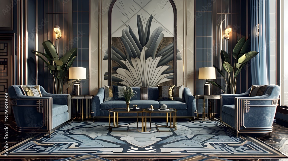 Lavish Art Deco Interior with Geometric Patterns Metallic Accents and Opulent Furnishings