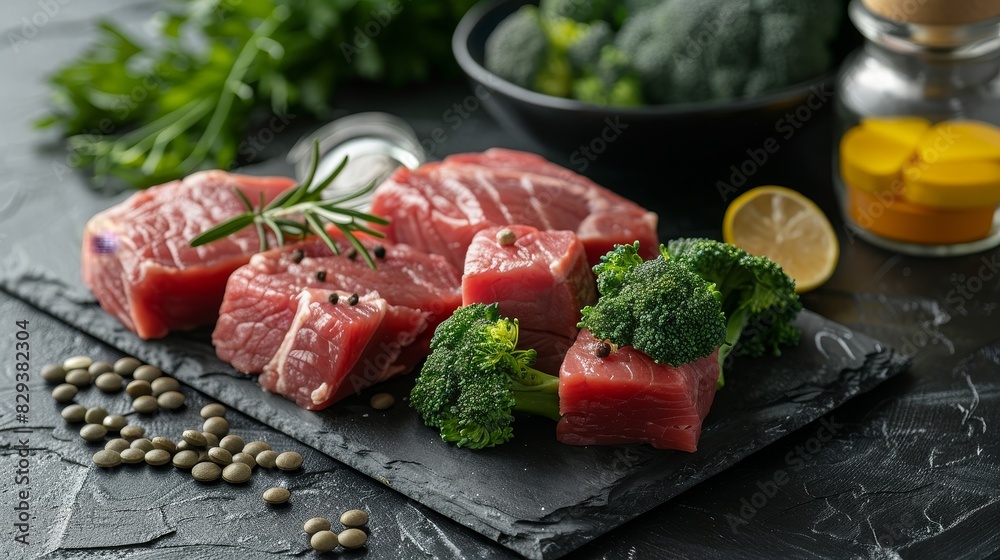 Sharp macro shot of B12 vitamins, fresh meat, and broccoli, isolated on a seamless background with studio lighting Sharp macro shot of B12 vitamins, fresh meat, and broccoli, isolated on a seamless background with studio lighting
