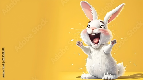 Excited Cartoon Rabbit with Joyful Expression on Yellow Background photo