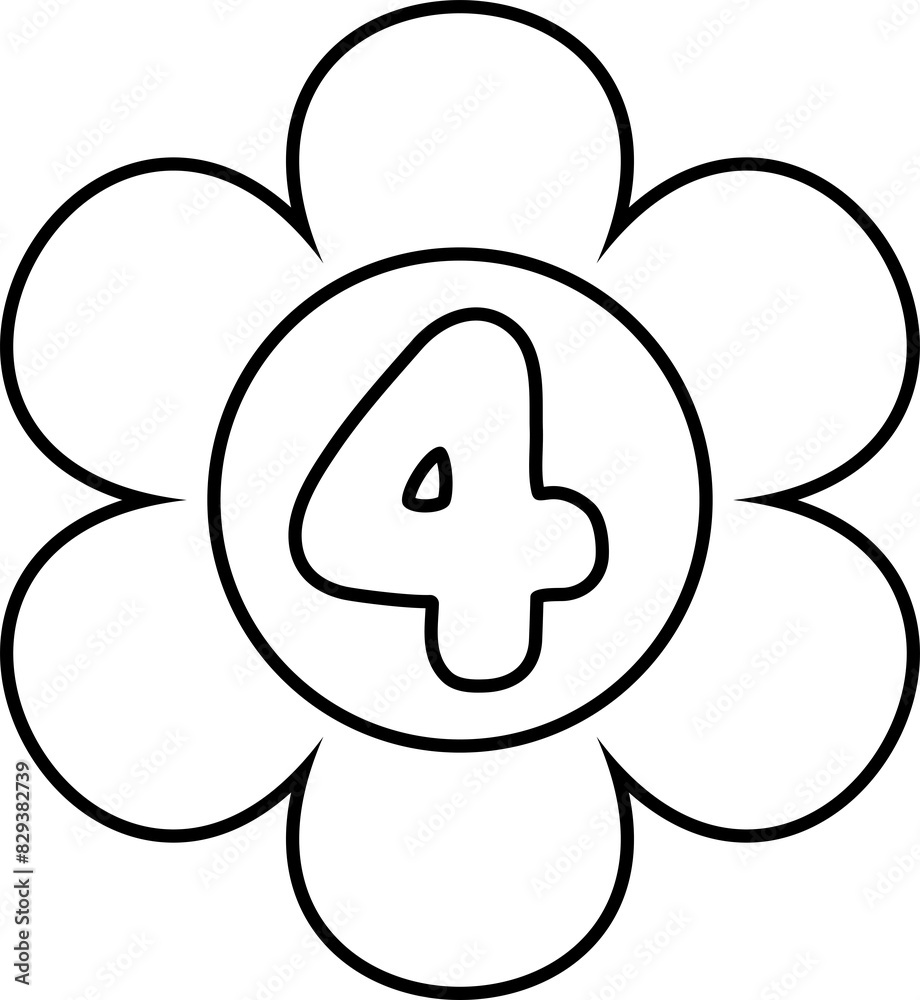 Illustration of flower-shaped numbers outlined in black for a coloring page for kids. Number four. Illustration of flower-shaped numbers outlined in black for a coloring page for kids. Number four.