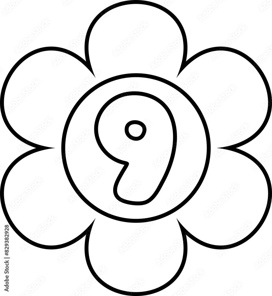 Illustration of flower-shaped numbers outlined in black for a coloring page for kids. Number nine. Illustration of flower-shaped numbers outlined in black for a coloring page for kids. Number nine.