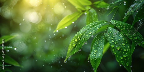 a close up of some green  leaves   dews  blurry background  high definition photography style  blurred background  sunlight exposure  bokeh effect  light and shadow play  in sharp focus  