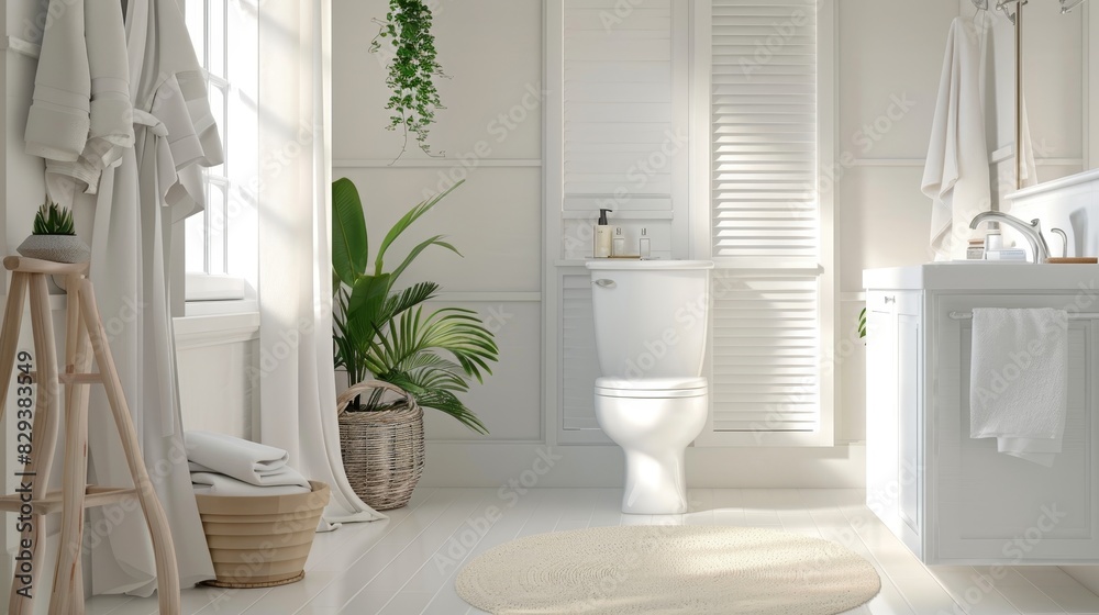 Pristine white toilet set in a serene bathroom with soft lighting and natural elements, creating a relaxing atmosphere--s 250 Pristine white toilet set in a serene bathroom with soft lighting and natural elements, creating a relaxing atmosphere--s 250