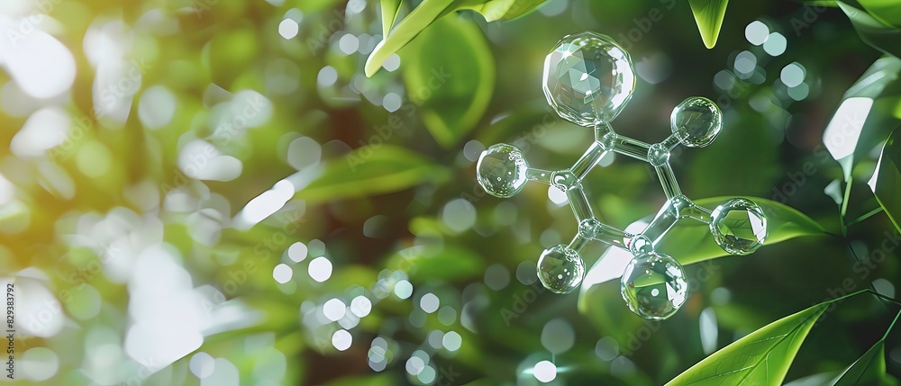 macro shot of glass molecule structure floating in air against a green leaves background, photorealistic and hyper detailed in the style of octane render