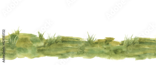 Pale green grass seamless border. Hand drawn watercolor illustration isolate on white background. Lush green meadow, park, farm, garden element. Natural plants floral illustration. Horizontal banner