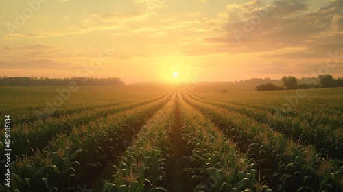 Early Morning Sunrise Illuminating the Corn Plantation Fields